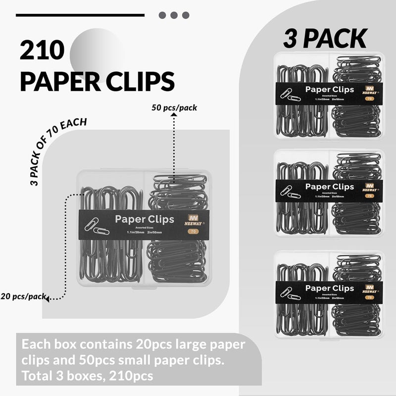 NEEWAY Colorful Paper Clips Assorted Sizes, Small and Large Paperclips, 210 Count, 3 Pack of 70 (Black) - Image 3